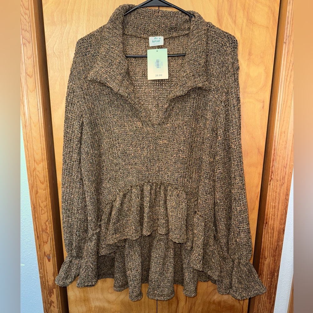 Women's Brown Knit Blouse with Ruffle Hem